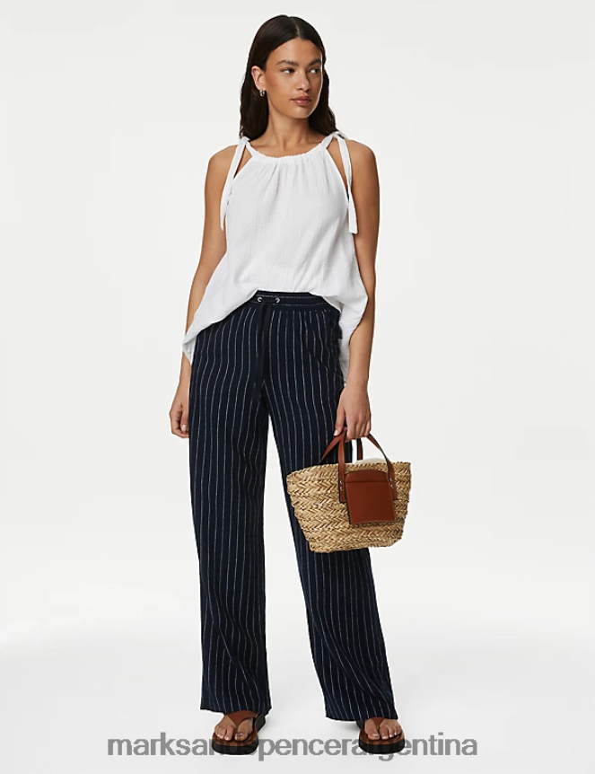 Marks & Spencer mujer top camisero con cuello alto y tejido de lino ropa blanco 46VL3134