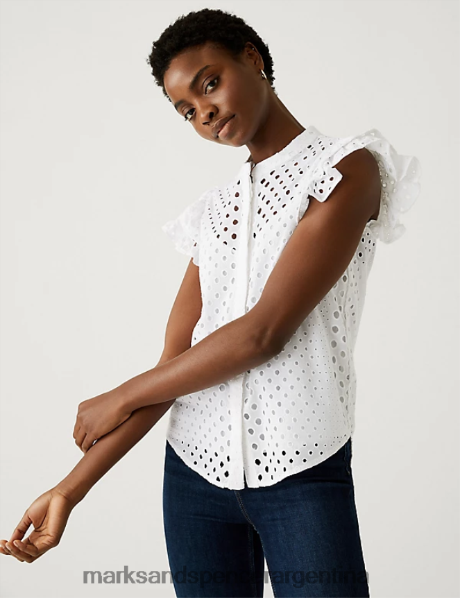 Marks & Spencer mujer top con detalle de volantes y bordado de puro algodón ropa blanco suave 46VL2318