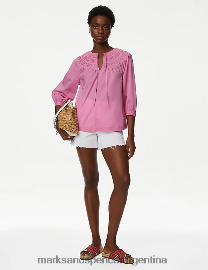 Marks & Spencer mujer top con detalle fruncido de puro algodón ropa rosa 46VL1940