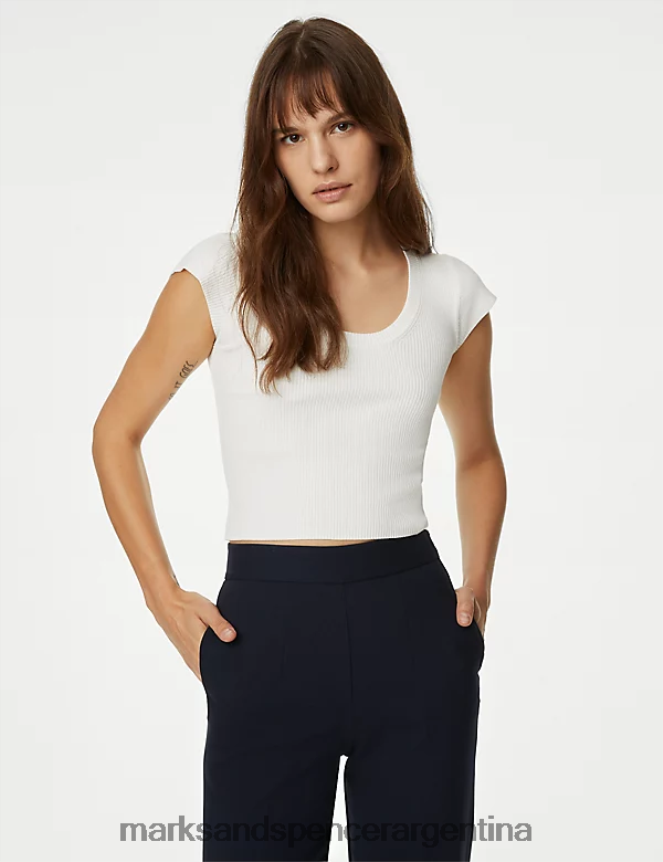 Marks & Spencer mujer top corto de canalé con cuello redondo ropa Marfil 46VL876