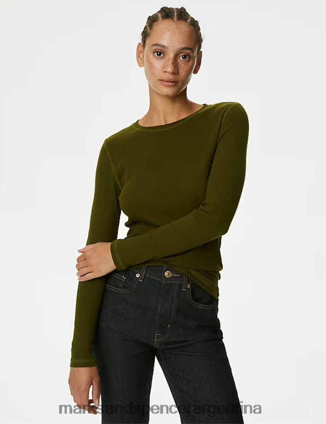 Marks & Spencer mujer top de canalé rico en algodón ropa caqui oscuro 46VL258