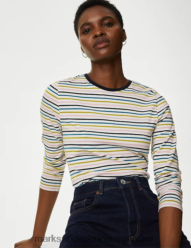 Marks & Spencer mujer top de corte slim con rayas ricas en algodón ropa mezcla azul marino 46VL2562