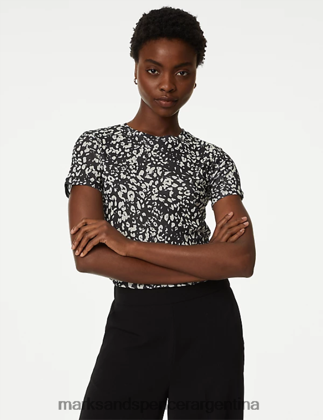 Marks & Spencer mujer top de manga corta de malla estampada ropa mezcla negra 46VL920