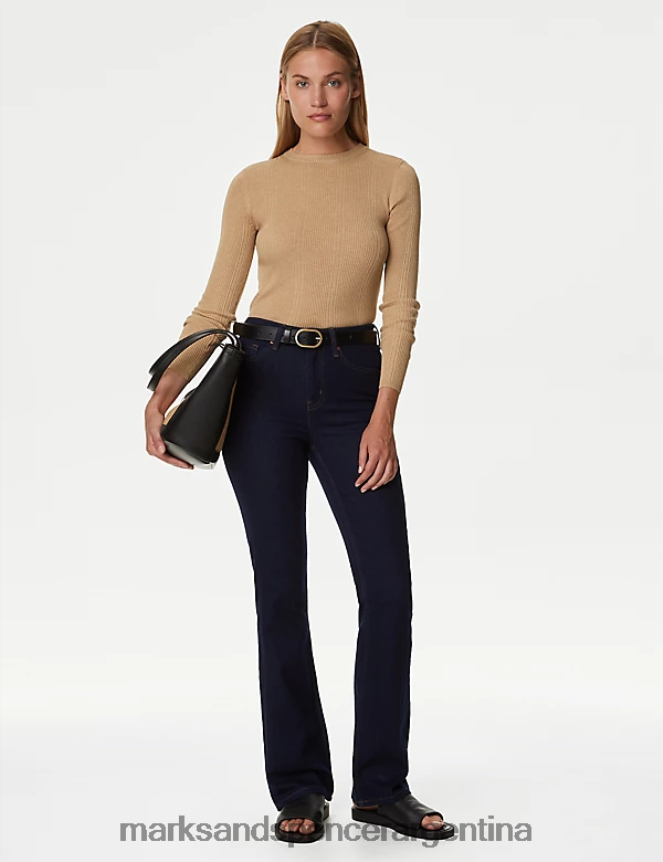 Marks & Spencer mujer top de punto ajustado con cuello redondo de canalé ropa camello 46VL1562