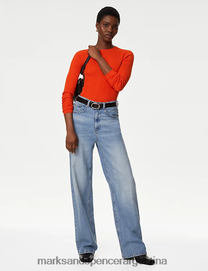 Marks & Spencer mujer top de punto ajustado con cuello redondo de canalé ropa naranja brillante 46VL1560