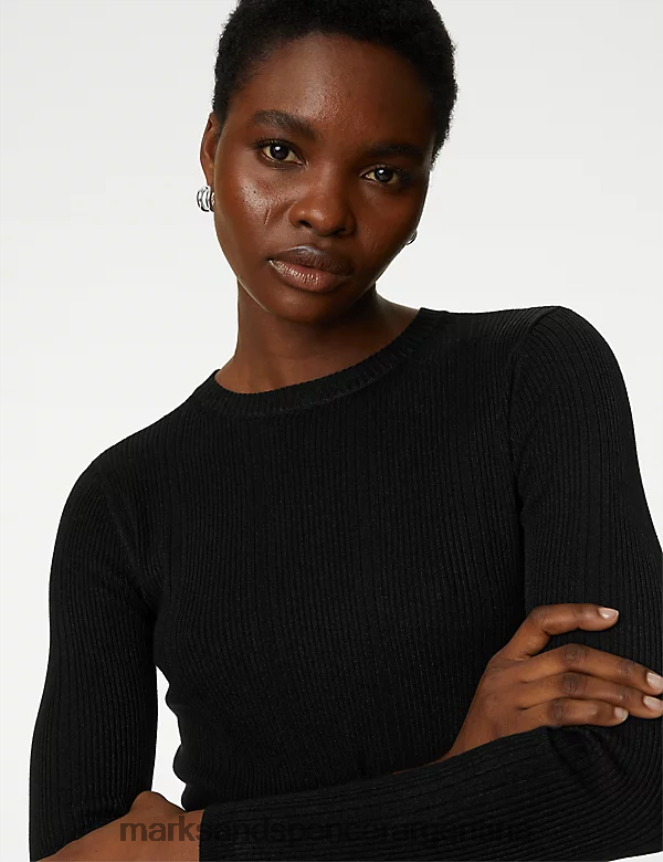 Marks & Spencer mujer top de punto ajustado con cuello redondo de canalé ropa negro 46VL1230