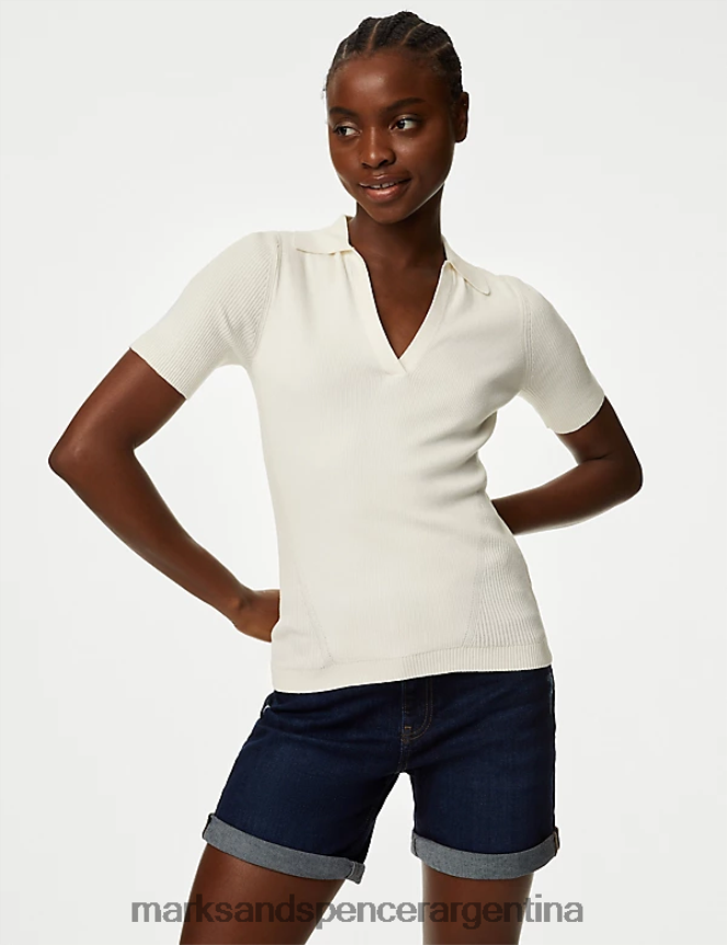 Marks & Spencer mujer top de punto con cuello de canalé rico en algodón ropa Marfil 46VL1278