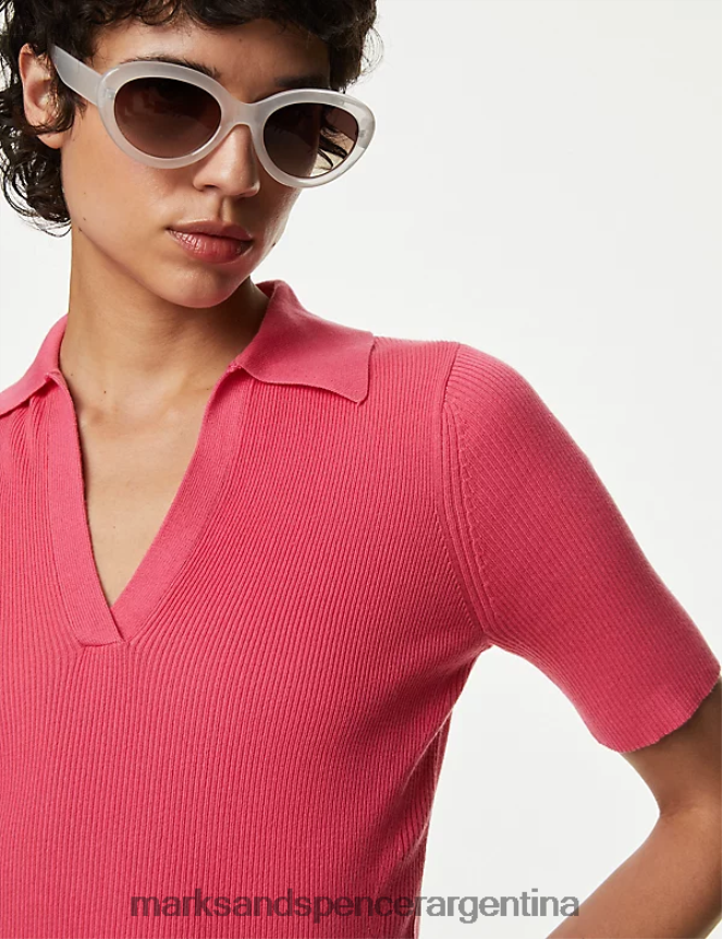 Marks & Spencer mujer top de punto con cuello de canalé rico en algodón ropa rosa medio 46VL916