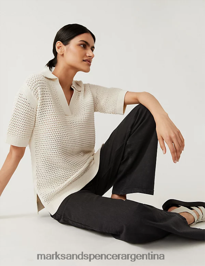 Marks & Spencer mujer top de punto con cuello de puro algodón ropa Marfil 46VL656