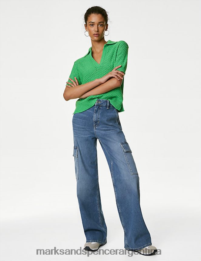 Marks & Spencer mujer top de punto con cuello rico en algodón ropa verde ácido 46VL346