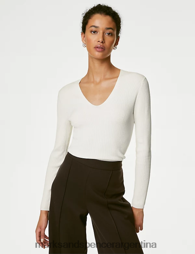 Marks & Spencer mujer top de punto de canalé con cuello en V ropa Marfil 46VL518