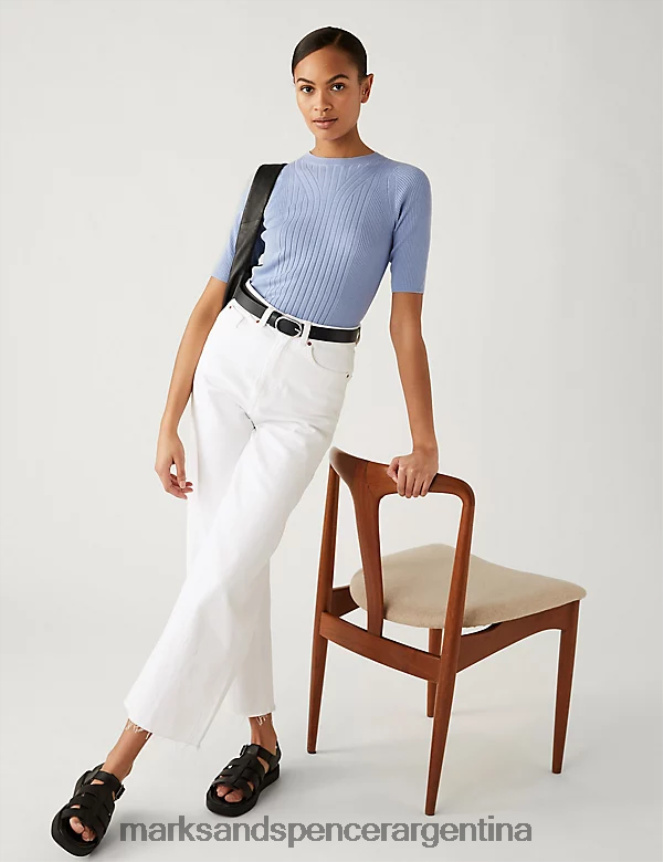 Marks & Spencer mujer top de punto de canalé con cuello redondo ropa azul medio 46VL414