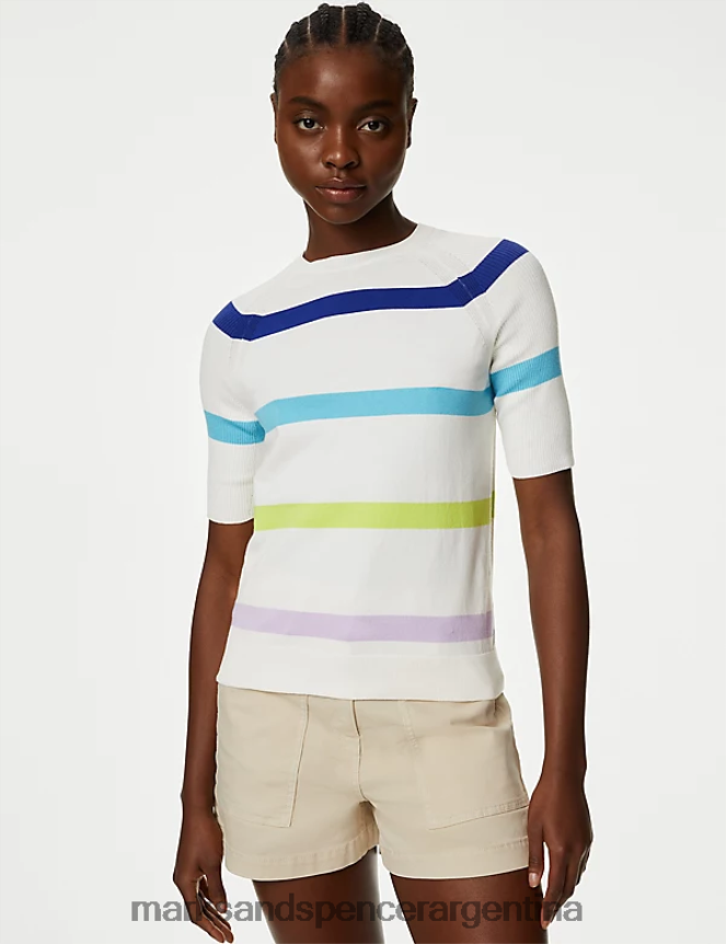 Marks & Spencer mujer top de punto de canalé con rayas ricas en algodón ropa mezcla de marfil 46VL460