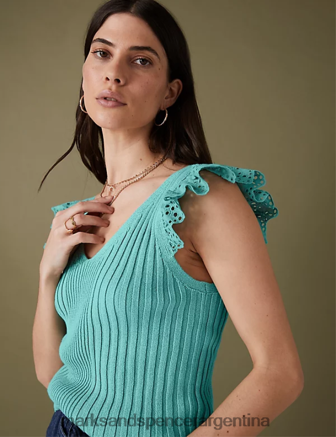 Marks & Spencer mujer top de punto de puro algodón con detalle de volantes ropa Mar verde 46VL2110