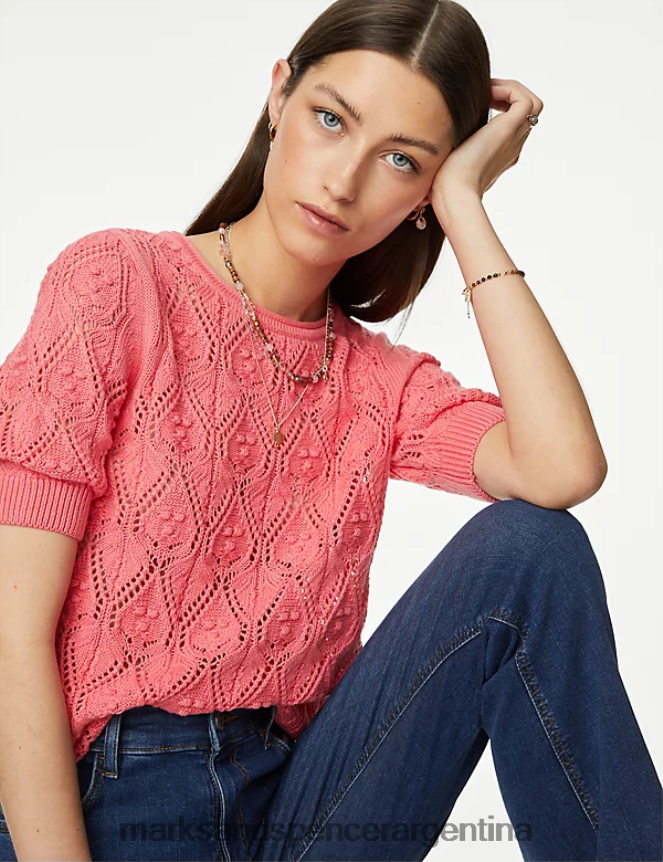 Marks & Spencer mujer top de punto de puro algodón texturizado con cuello redondo ropa rosa medio 46VL324