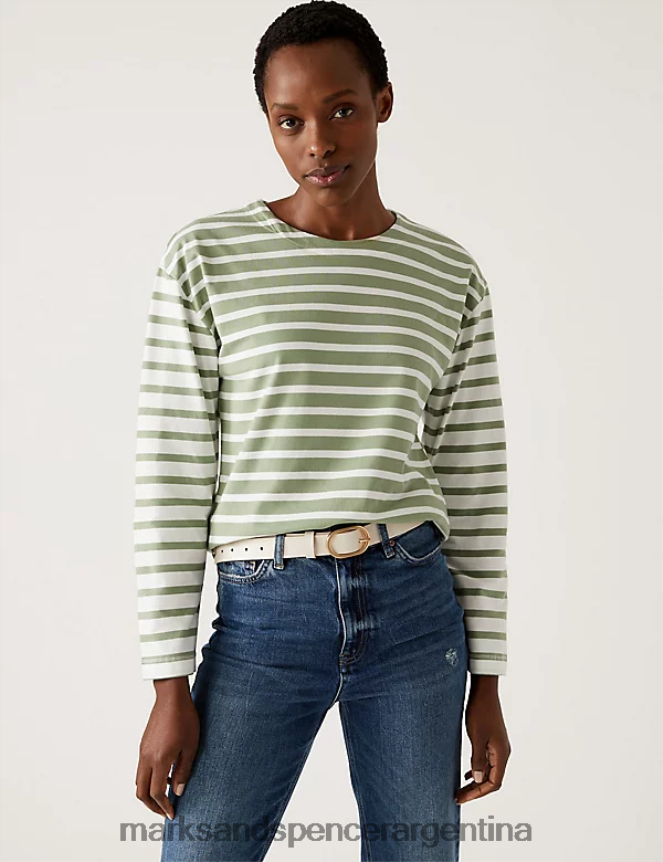 Marks & Spencer mujer top de puro algodón a rayas con cuello redondo ropa mezcla verde 46VL1258