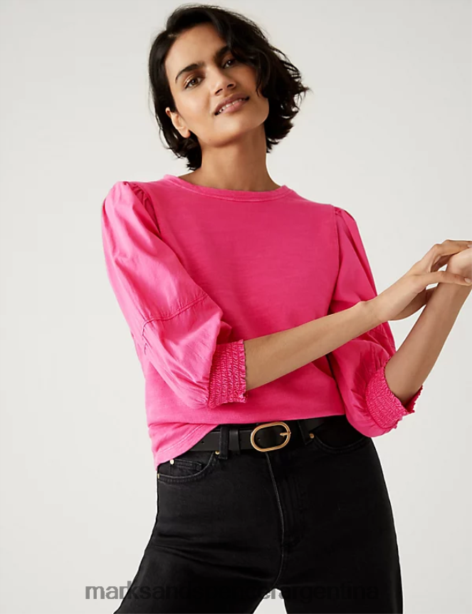 Marks & Spencer mujer top de puro algodón con cuello redondo y mangas voluminosas ropa Rosa brillante 46VL654