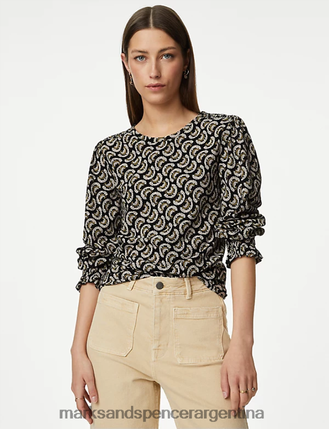 Marks & Spencer mujer top de puro algodón estampado, fruncido y con mangas abullonadas ropa mezcla negra 46VL1574