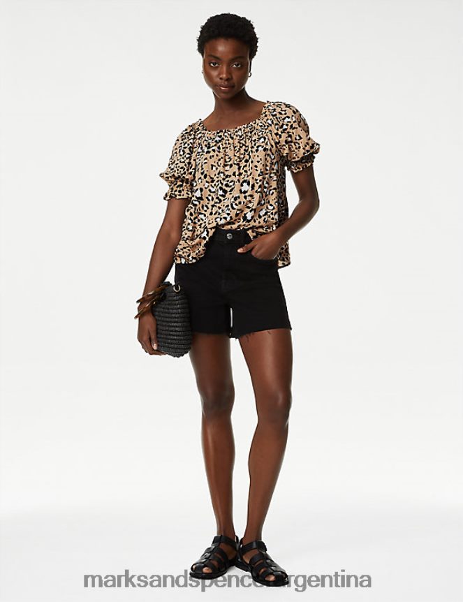 Marks & Spencer mujer top estampado con cuello cuadrado y mangas abullonadas ropa mezcla marrón 46VL2986