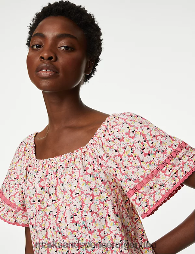 Marks & Spencer mujer top floral de puro algodón ropa mezcla rosa 46VL1092