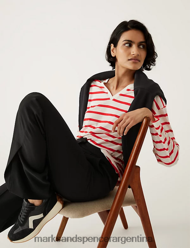Marks & Spencer mujer top holgado a rayas con cuello en V ropa mezcla roja 46VL818