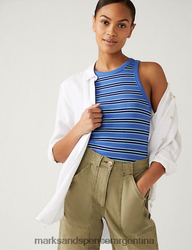 Marks & Spencer mujer top sin mangas de canalé con rayas ricas en algodón ropa mezcla azul 46VL2978