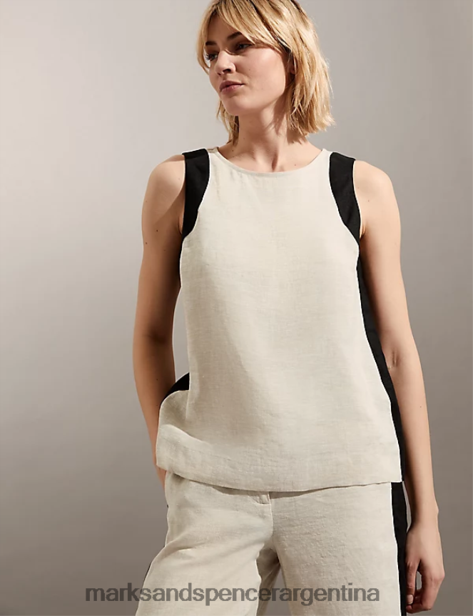 Marks & Spencer mujer top sin mangas de lino puro con cuello redondo y raya lateral ropa mezcla natural 46VL1332