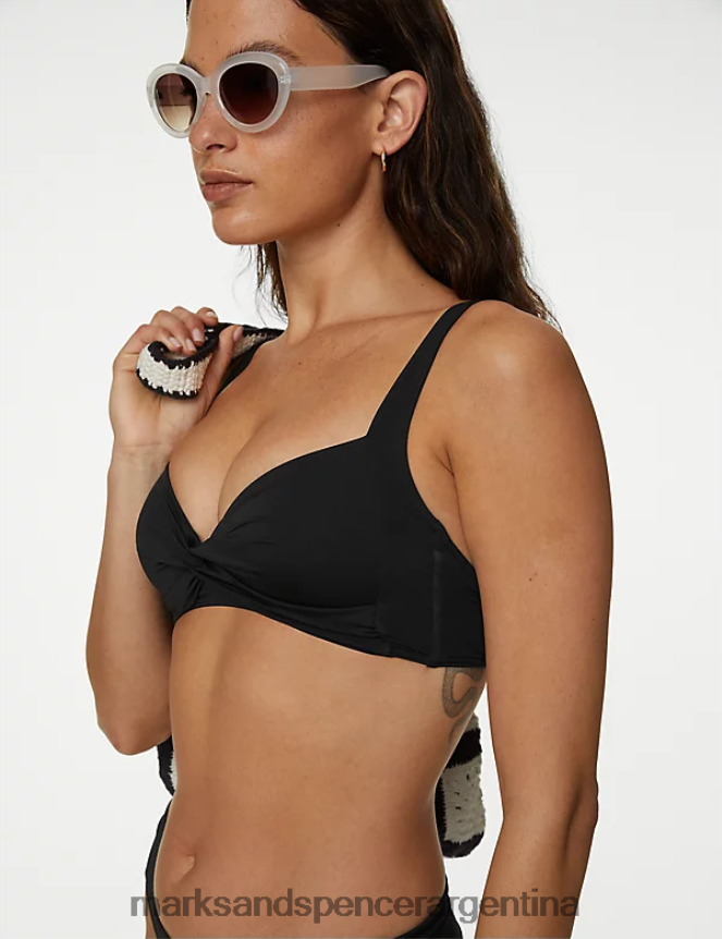 Marks & Spencer mujer top de bikini escotado con parte delantera retorcida y relleno ropa negro 46VL3244