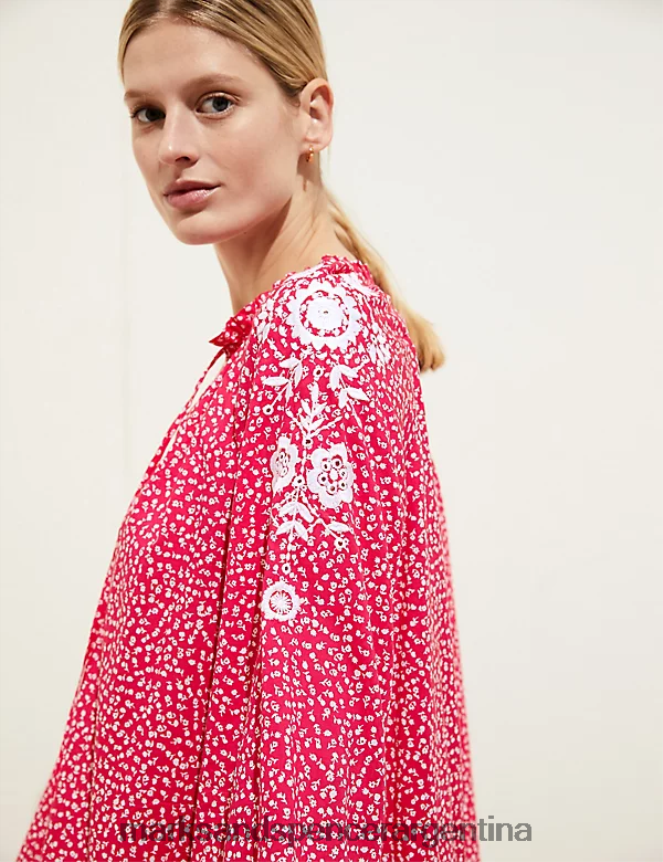 Marks & Spencer mujer Caftán playero estampado de puro algodón ropa rojo brillante 46VL814