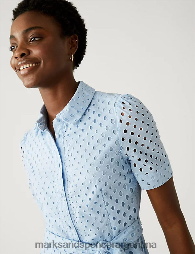 Marks & Spencer mujer Vestido camisero midi con cinturón y bordado de puro algodón ropa azul pálido 46VL596