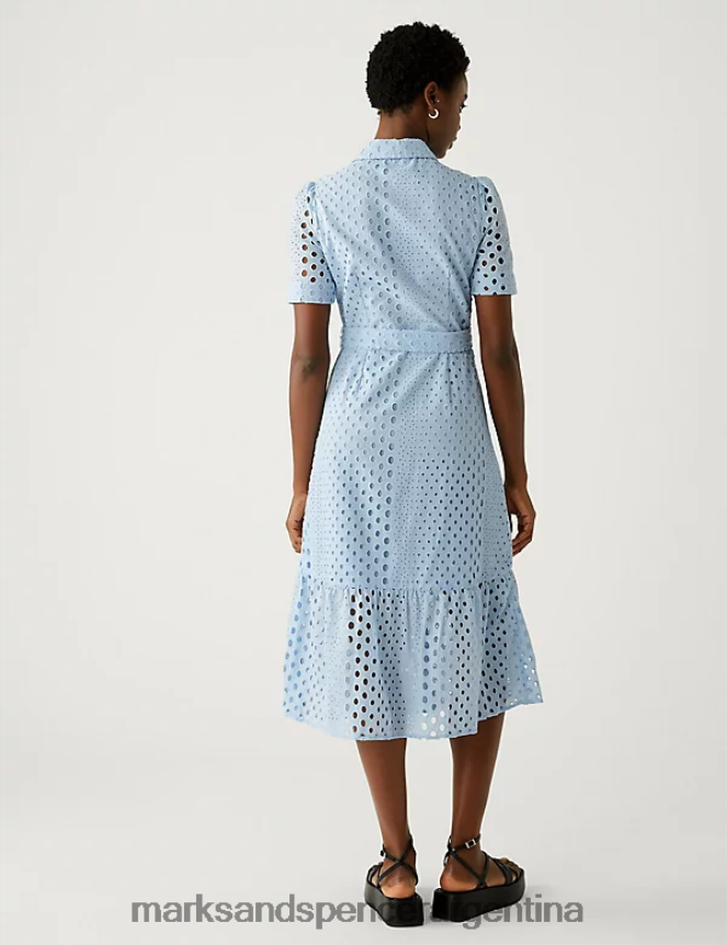 Marks & Spencer mujer Vestido camisero midi con cinturón y bordado de puro algodón ropa azul pálido 46VL596