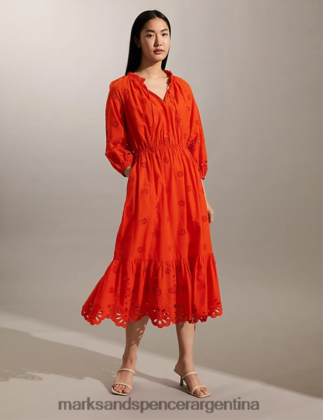 Marks & Spencer mujer Vestido midi de puro algodón con bordado y lazo en el cuello ropa rojo 46VL2074