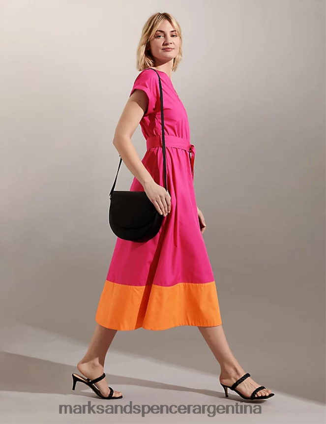 Marks & Spencer mujer Vestido midi de talle alto con bloques de color de puro algodón ropa mezcla rosa 46VL222