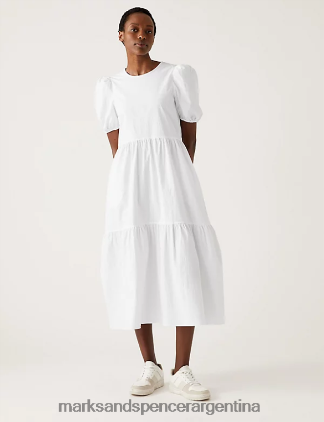 Marks & Spencer mujer Vestido midi escalonado con mangas abullonadas y rico en algodón ropa blanco 46VL1254