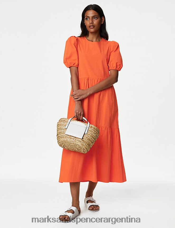 Marks & Spencer mujer Vestido midi escalonado con mangas abullonadas y rico en algodón ropa naranja 46VL1592