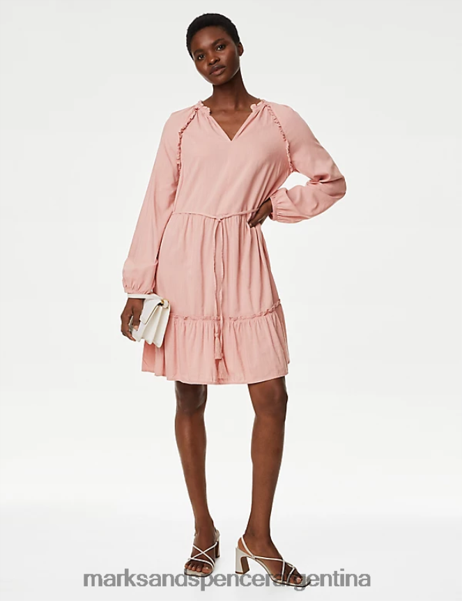 Marks & Spencer mujer minivestido escalonado con detalle de volantes en algodón ropa rosa 46VL26