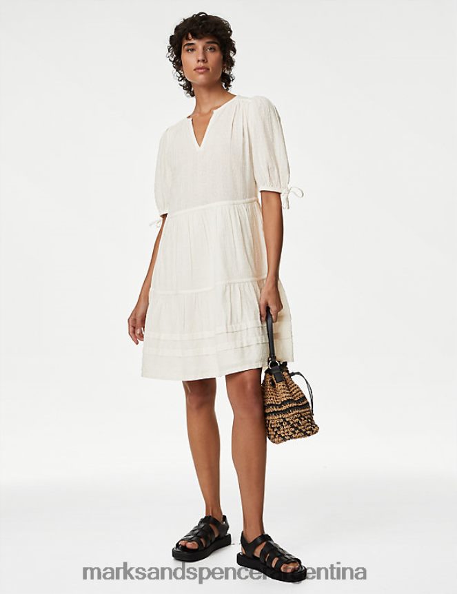 Marks & Spencer mujer minivestido escalonado de puro algodón con cuello en V ropa Marfil 46VL2322