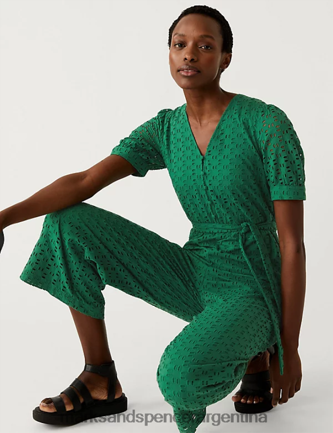 Marks & Spencer mujer mono corto con bordado de puro algodón ropa verde oscuro 46VL2172
