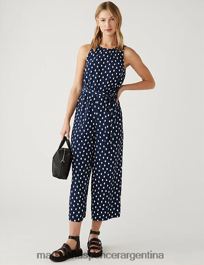 Marks & Spencer mujer mono corto con cintura estampada y cinturón ropa mezcla azul marino 46VL2340