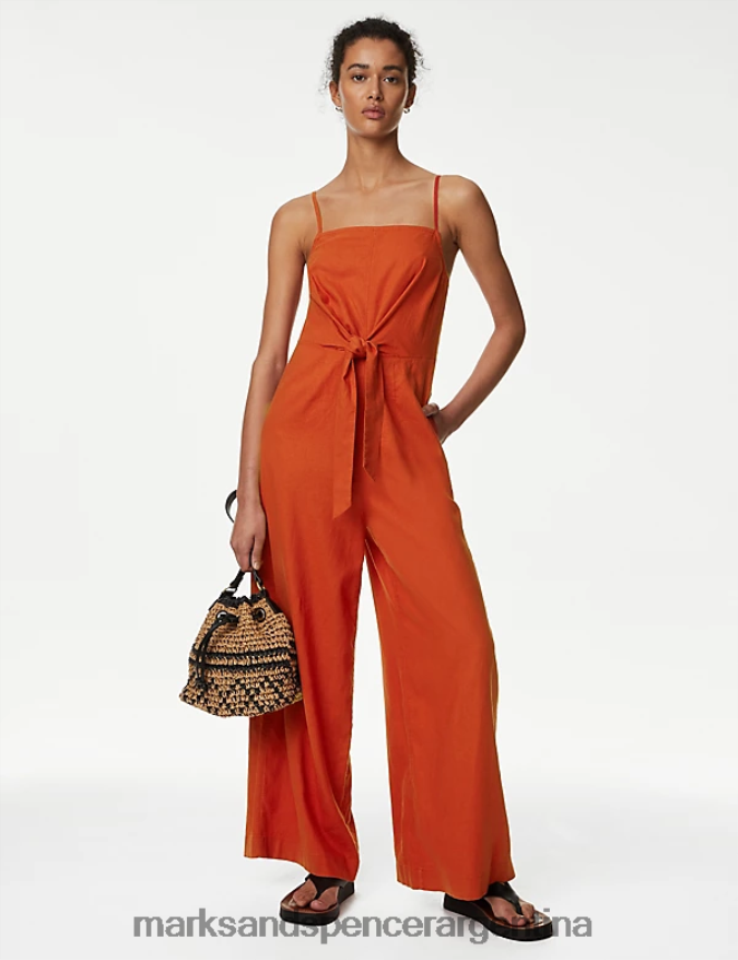 Marks & Spencer mujer mono largo de lino con detalle de lazo ropa cobre 46VL2824