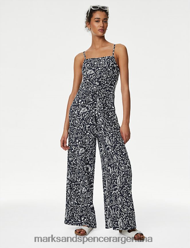 Marks & Spencer mujer mono sin mangas con estampado rico en lino ropa mezcla azul marino 46VL2928