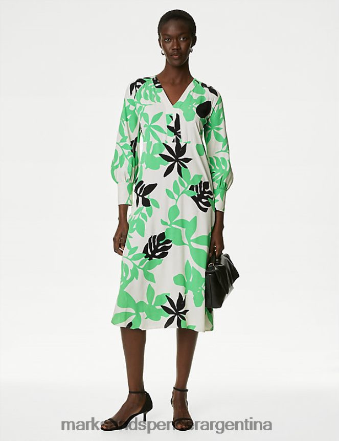 Marks & Spencer mujer vestido amplio a media pierna con cuello en V y estampado de hojas ropa multi 46VL736
