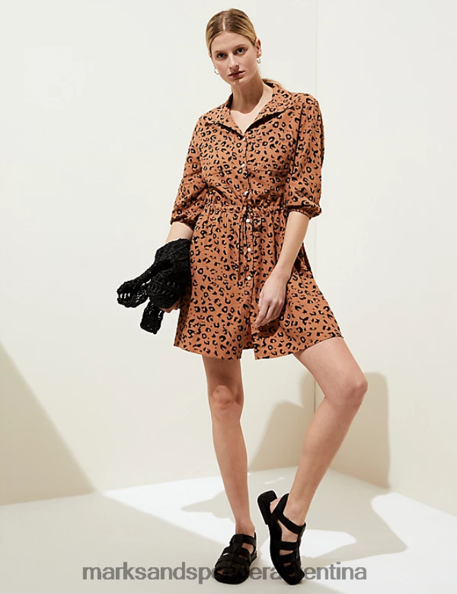 Marks & Spencer mujer vestido camisero corto con estampado animal y lino ropa mezcla negra 46VL2860