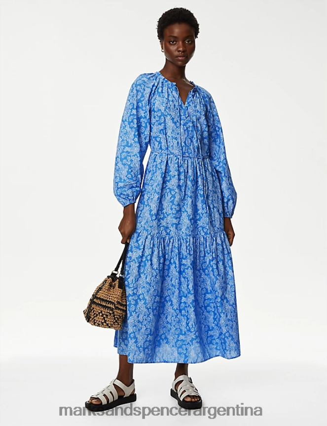 Marks & Spencer mujer vestido camisero midaxi de puro algodón estampado con cuello en V ropa mezcla azul 46VL808