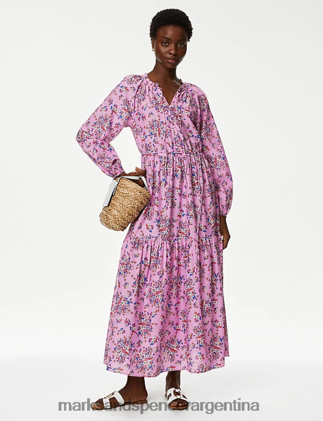 Marks & Spencer mujer vestido camisero midaxi de puro algodón estampado con cuello en V ropa mezcla rosa 46VL434