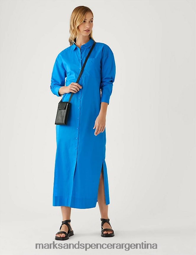 Marks & Spencer mujer vestido camisero midaxi de puro algodón ropa azul 46VL1848