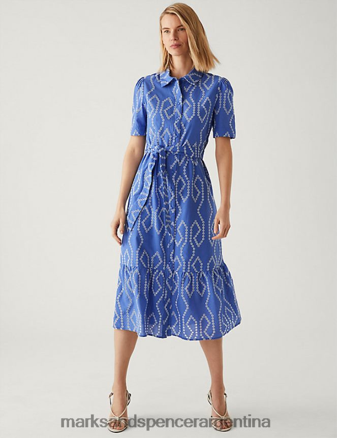 Marks & Spencer mujer vestido camisero midi con bordado de puro algodón ropa mezcla azul 46VL608