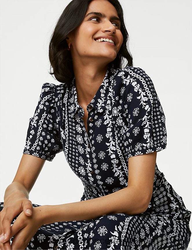 Marks & Spencer mujer vestido camisero midi con cinturón estampado ropa mezcla azul marino 46VL330
