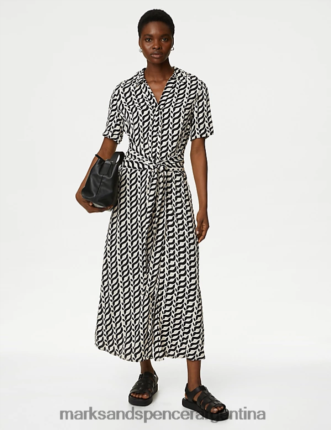 Marks & Spencer mujer vestido camisero midi con cinturón y cuello estampado ropa mezcla negra 46VL350