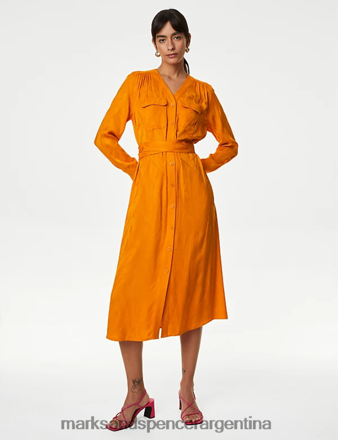 Marks & Spencer mujer vestido camisero midi con cuello en V y jacquard floral ropa Mandarina 46VL564
